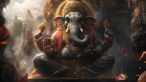 Divine Ganesha statue amid ornate mystical temple ruins.