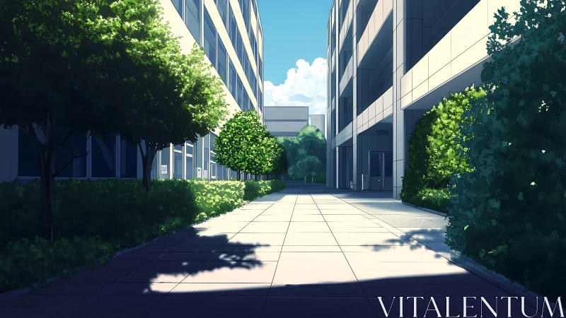 Quiet campus walkway between modern office buildings.