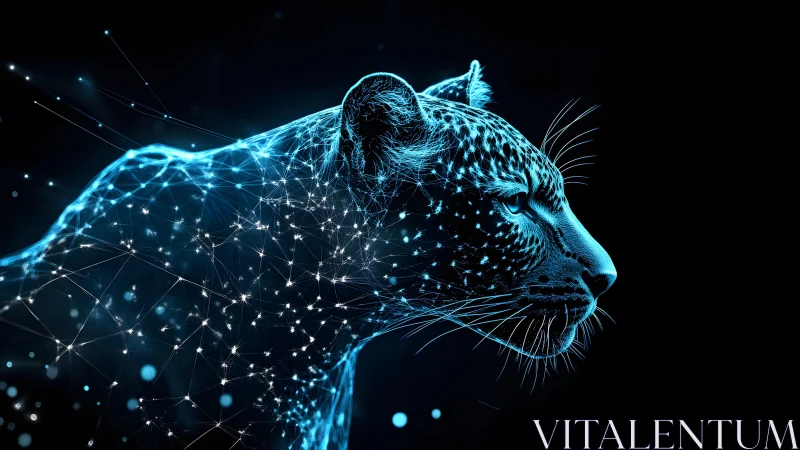 Futuristic digital panther illustration with glowing blue network lines.