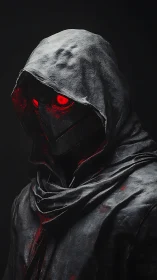 Hooded cyber-reaper portrait with emissive red optics.