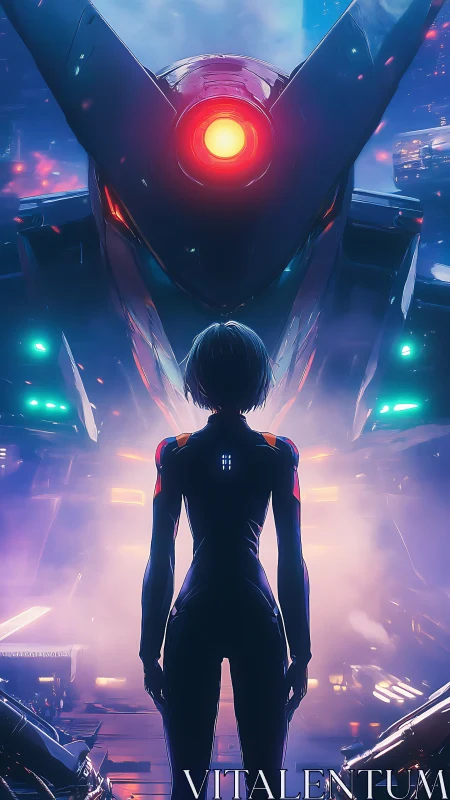 Neon pilot confronts awakened mech in violet city haze.