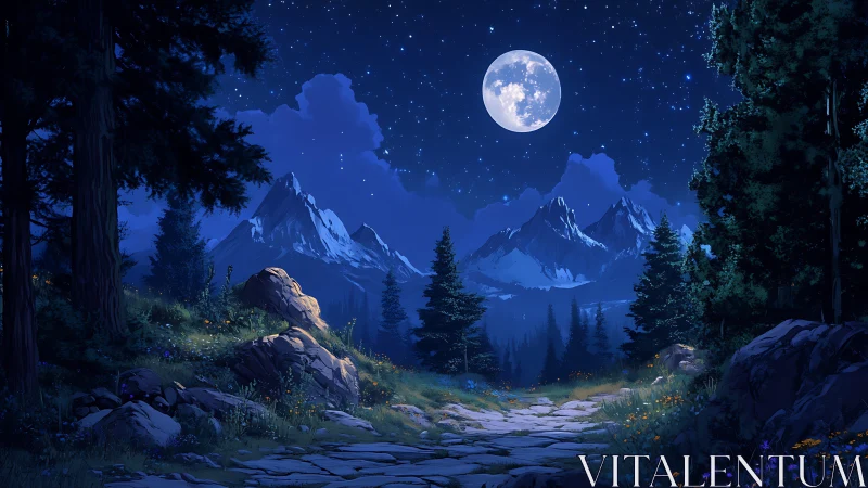 Moonlit mountain path welcomes a quiet, starlit wanderer