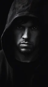 Monochrome close-up portrait shows hooded male subject