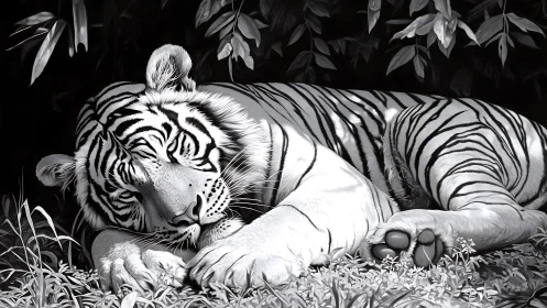 Gentle striped tiger napping peacefully in soft forest shade.