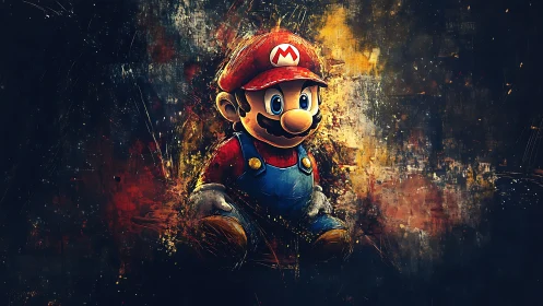 Playful mustached hero bursts from bold painted sparks.