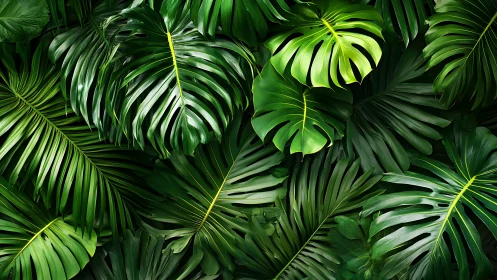 Lush tropical foliage pattern with layered green leaves.