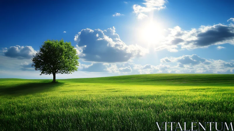 Solitary deciduous tree on sunlit grassy rolling landscape.