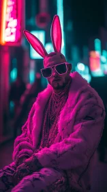 Neon-lit urban portrait of bunny-eared streetwear icon at night