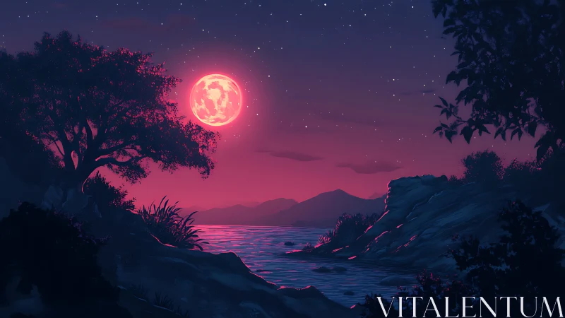 Crimson moon humming above a tranquil neon-twilight cove.