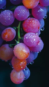 Close-up of dewy multicolored grapes against dark background.