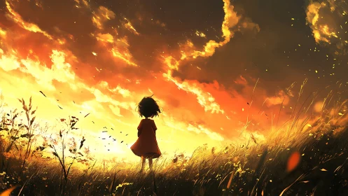 Child in red dress watching blazing sunset sky alone.