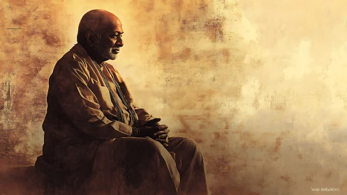 Seated elder in contemplative profile against golden haze.