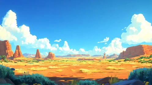Sunlit stylized desert plateau with buttes and cumulus clouds