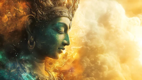 Divine golden profile emerges through swirling cosmic clouds.