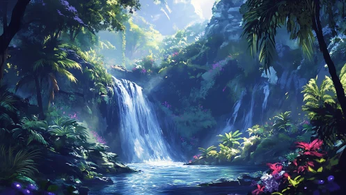 Lush jungle waterfall cascades into a tranquil, sunlit pool