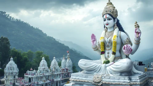 Serene mountain temple with peaceful white deity statue.