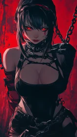 Scarlet-eyed chainbearer in shadowed crimson inferno.