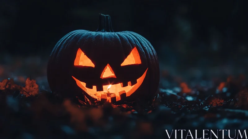 Glowing jack o’ lantern in dark outdoor Halloween setting.