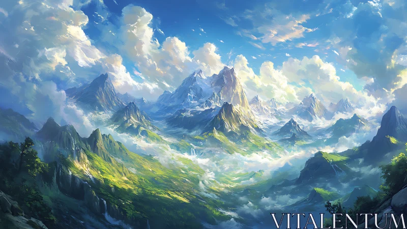 Sweeping aerial vista maps layered alpine ridges and luminous clouds