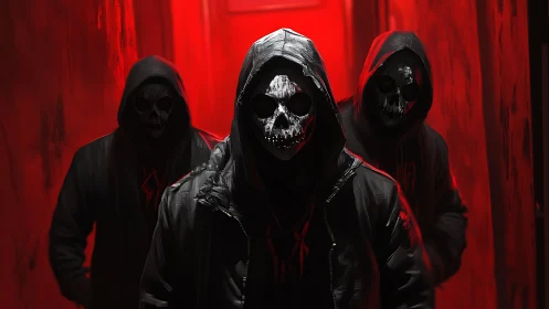 Triadic hooded skull figures in high-saturation red corridor.
