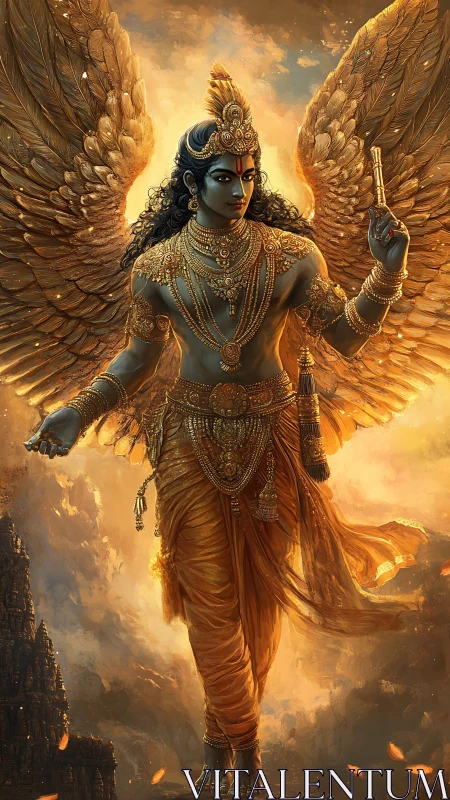 Winged celestial strides through molten dusk with quiet power