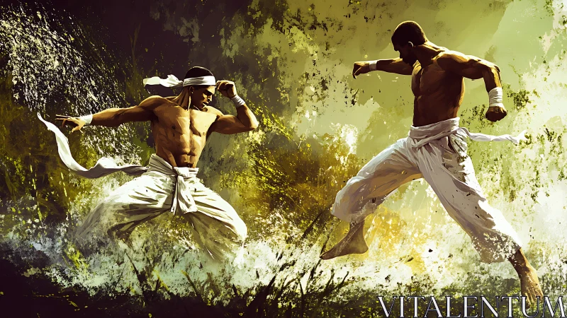 Dynamic martial arts duel rendered with high-energy brush strokes