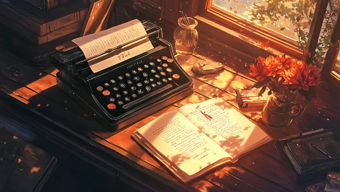 Digital painting of nostalgic writer&rsquo;s desk in warm daylight.