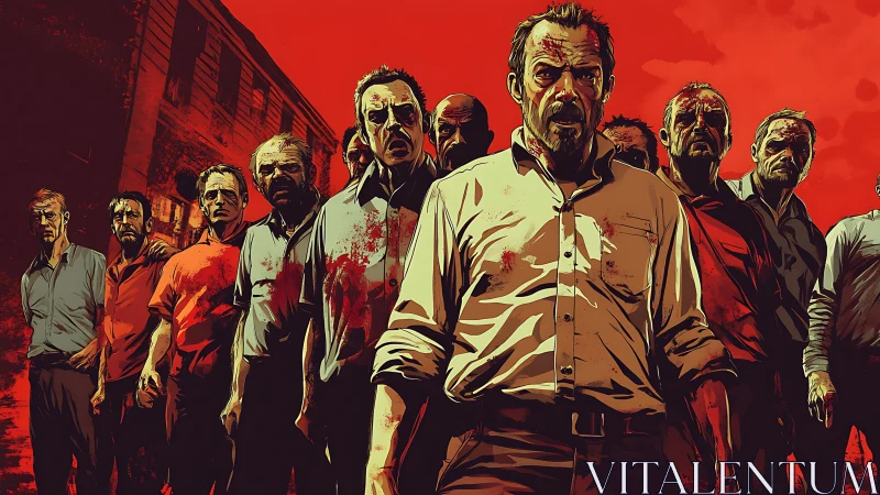 Group of injured men stands before red sky in stylized frame