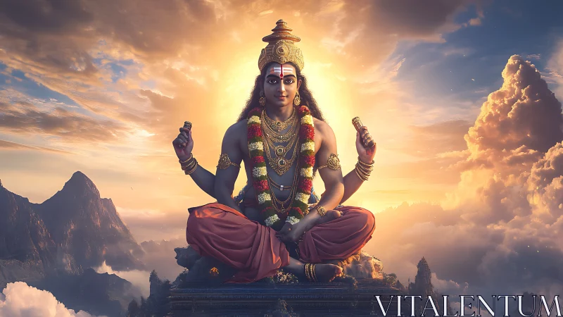 Deity figure sits cross-legged above clouds at glowing sunset