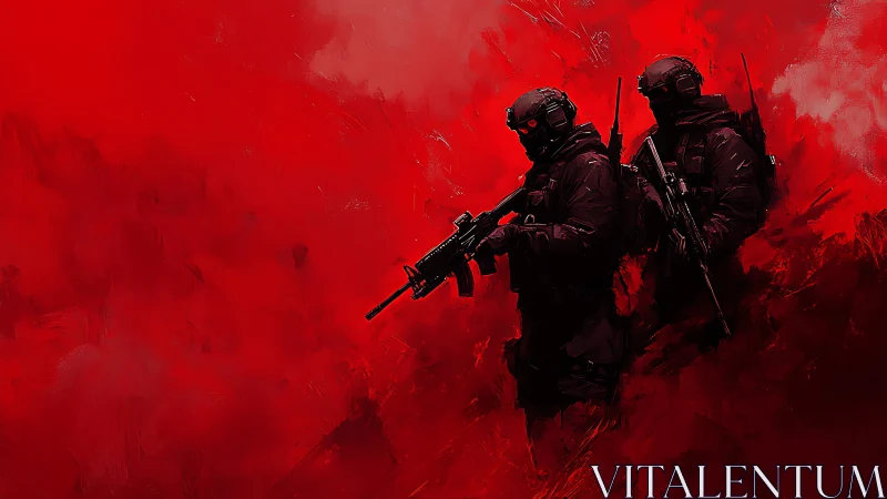 Storm of red surrounds two tactical soldiers on alert