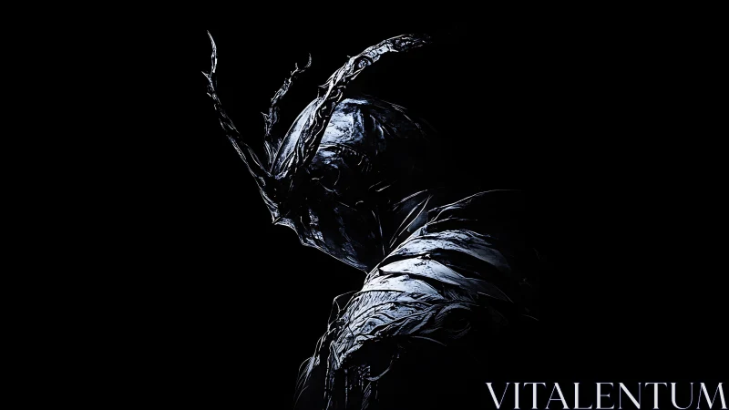 Armored shadow figure in high-contrast monochrome side profile