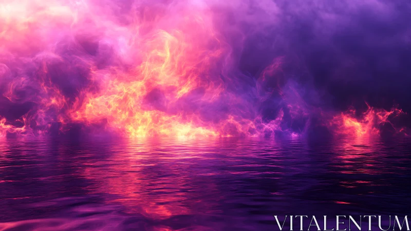 Volumetric Fire Plume Above Reflective Water Surface with Chromatic Gradients