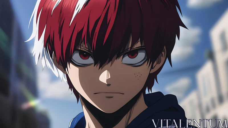 Intense red haired anime teen in urban daylight close up