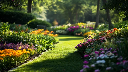 Sunlit Garden Pathway with Blooming Flowers.