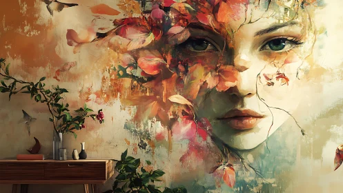 Autumn muse unfurls in petals across a living room wall.