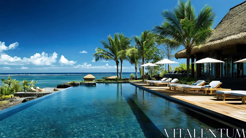 Oceanfront infinity pool beside tropical luxury resort.