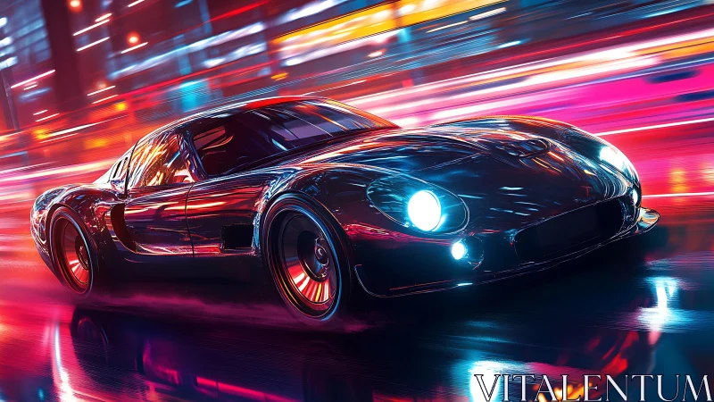 Retro supercar cuts neon streets in blazing midnight rush.