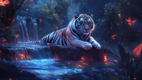 Bioluminescent forest pool frames resting white tiger in cool bloom