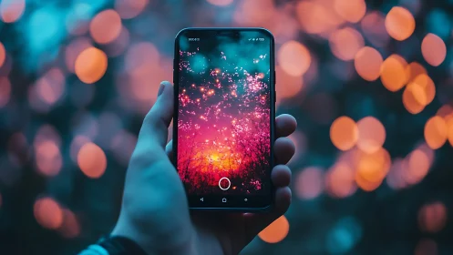 Hand holding smartphone with colorful bokeh background.