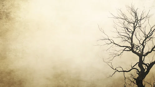 Minimalist silhouette of bare tree on textured beige background.