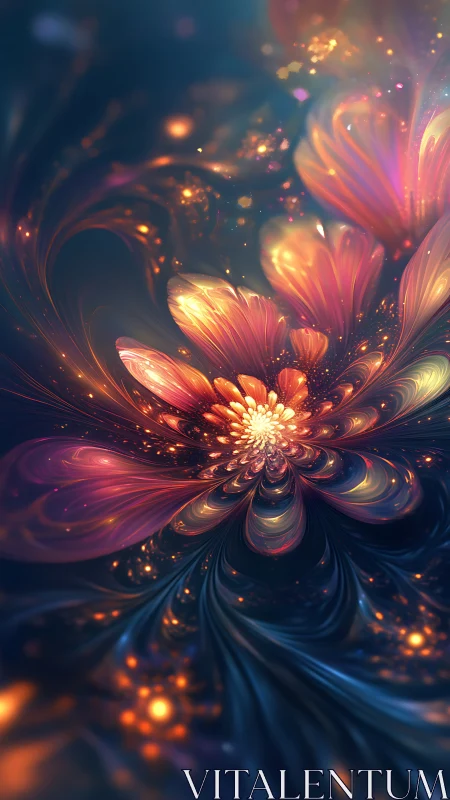 Starlit petal vortex blooming in glowing cosmic dusk.