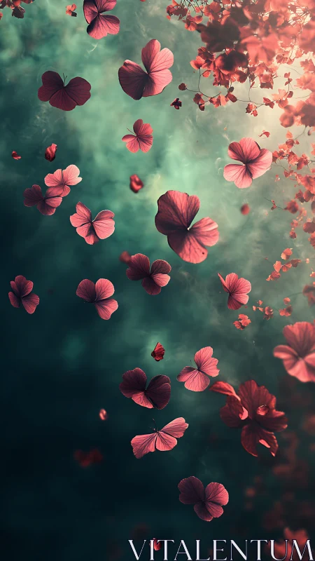 Suspended Pink Petals: Atmospheric Floral Composition with Gradient Sky