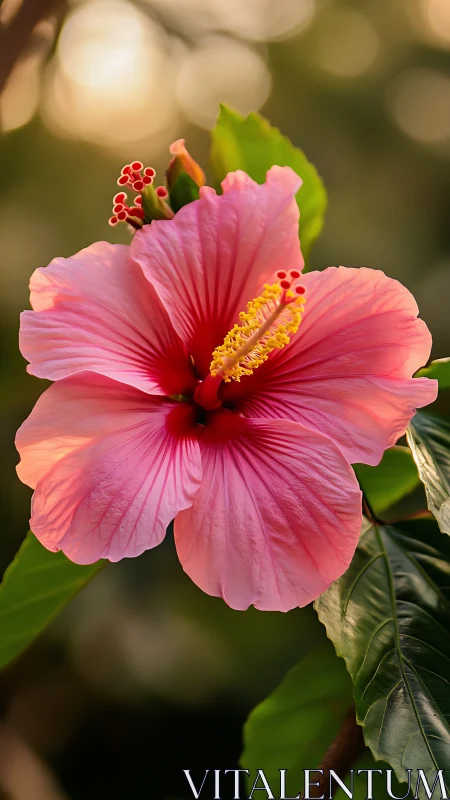 Pink Hibiscus Bloom with Golden Stamens.