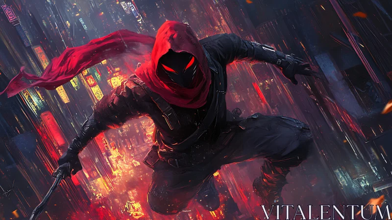 Hooded figure moves across neon cityscape with red accents