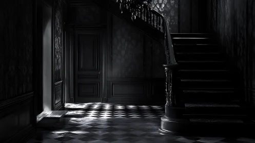Dim interior staircase and hallway in monochrome lighting.