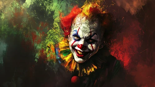 Grinning nightmare clown emerges from a wildfire of color.