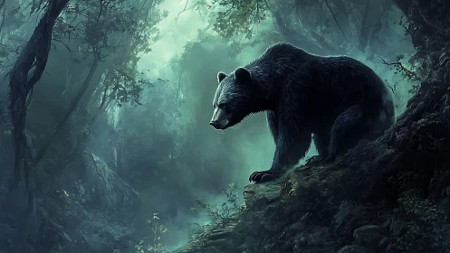 Bear stands on rocky forest slope under diffuse green light