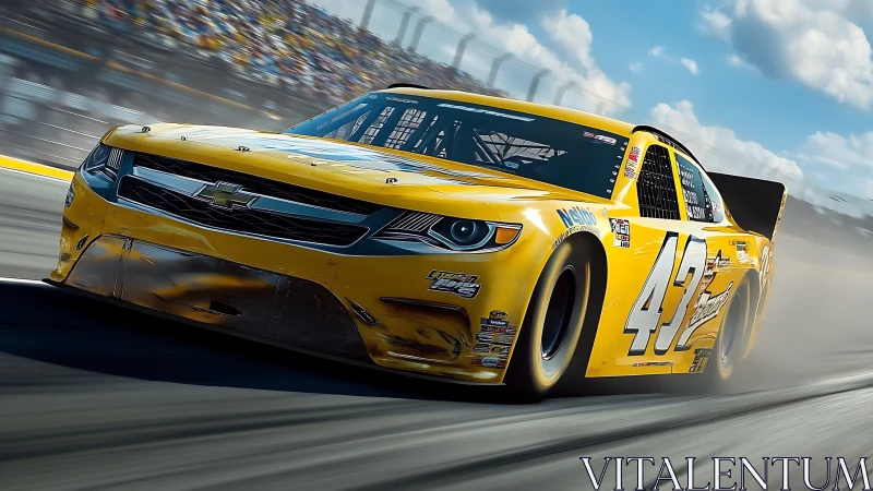 Yellow stock car slingshots through sunlit oval thunder