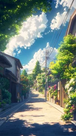 Sunlit suburban lane under towering summer clouds.