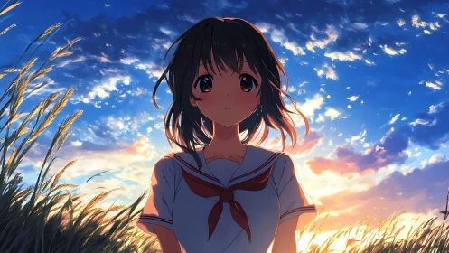 Anime schoolgirl in field at sunset with clouded sky backdrop.